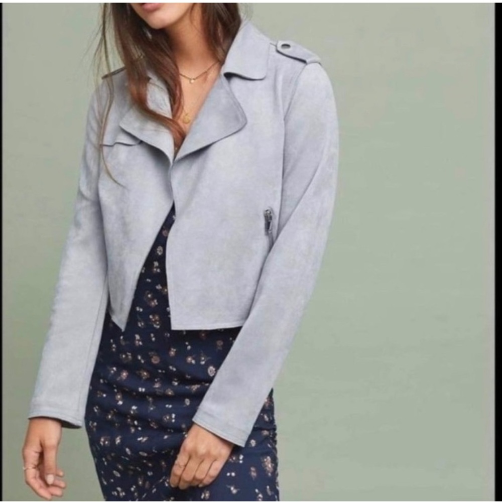Anthropologie Expressway Moto Jacket Ice Blue Faux Suede.